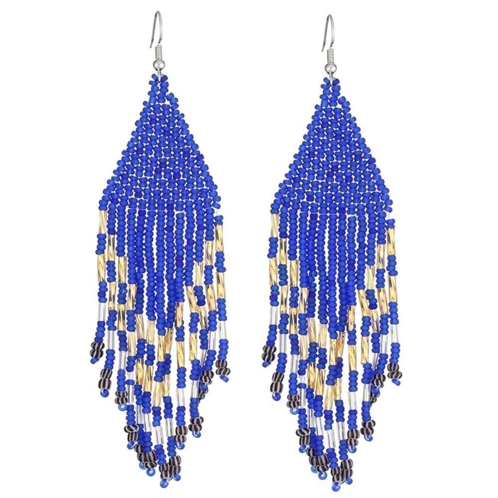 Blue Bohemian Seed Bead Tassel Dangling Statement French Wire Hook Earrings